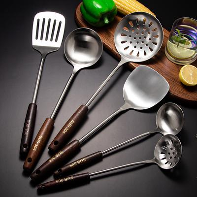 Espátula de acero inoxidable, juego de utensilios de cocina, mango de madera antiescaldamiento, cuchara sopera, colador, pala para freír, utensilios de cocina