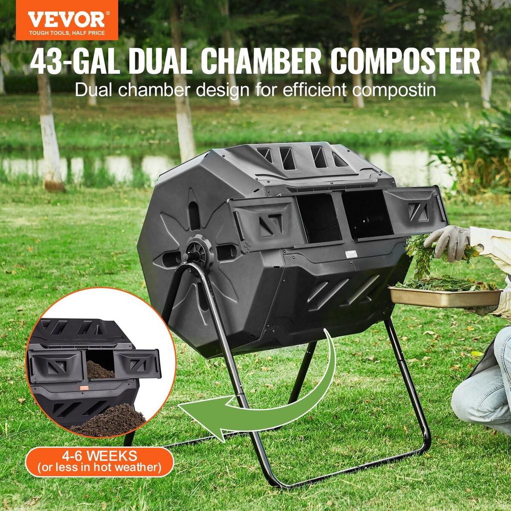 Compost Bin, 43-Gal Dual Chamber Composting Tumbler, Large Tumbling Rotating Composter with 2 Sliding Doors and Steel Frame, BPA Free Composter Bin