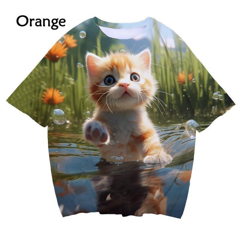 New 3D printed women's T-shirt with cute cat enthusiast pattern T-shirt casual round neck short sleeved large T-shirt top
