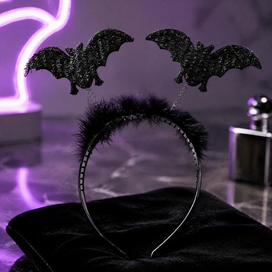 Halloween-Stirnband Kostümzubehör Stirnbänder, Schwarzes Spinnenfledermaus-Stirnband, Glitzerndes Flauschiges Haarband Kopfschmuck für Themen-Tanz Damen, Teenager, Cosplay,