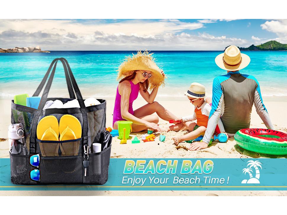 Borsa da Spiaggia in Rete Multicolore con Tasche Multiple - Ideale per Costumi da Bagno e Essenziali da Viaggio