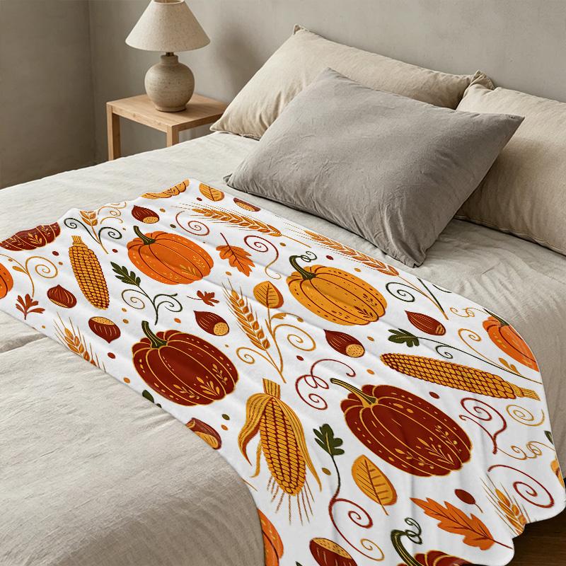 Lightweight Flannel Blanket Autumn Pumpkin Print Soft Fuzzy Throw, Warm Cozy Home Decor Blanket for Couch, Bed, Fall Season, Enhance Cozy Vibe