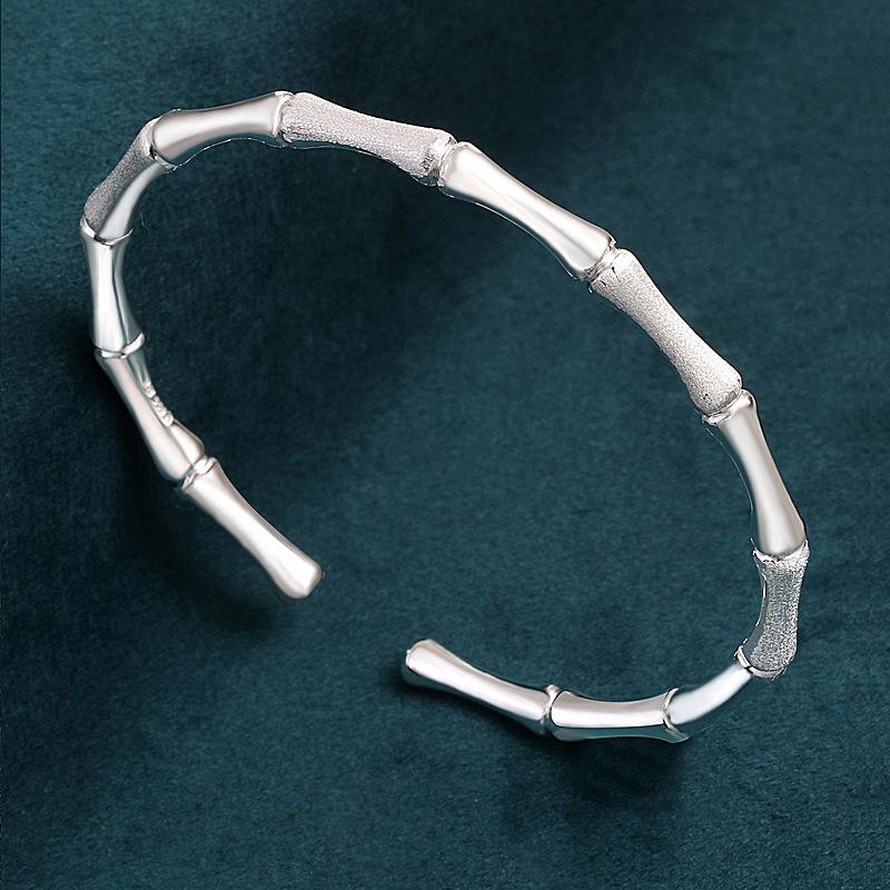 999 Sterling Silver Open Bamboo Joint Bracelet: Polished & Matte, Young Style, Solid Silver, Women's Thin Design.