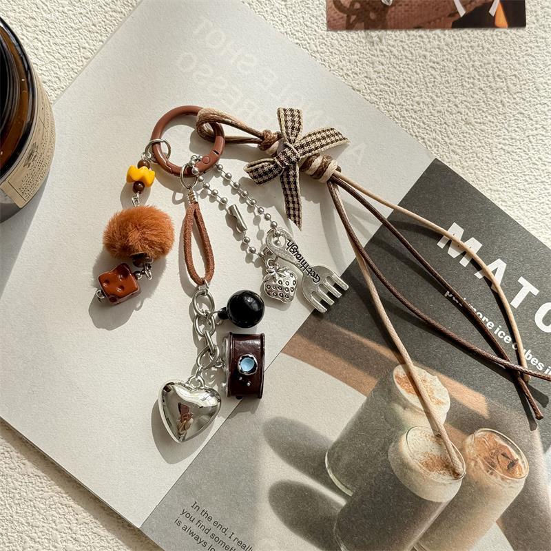 Cute Braided Rope Love Bow Bead Fluffy Ball Keychain Pendant Backpack Charm Phone Chain Bag Hanging Accessory Girl Keyring Gifts