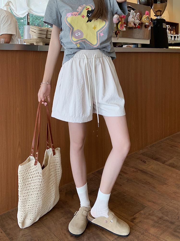 Women's High Waist Drawstring Blue Shorts - Summer Casual, Slimming Wide-Leg for Middle School Students