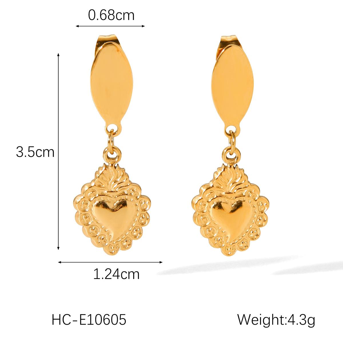 Euro-American Fashion Stainless Steel Heart Relief Pendant Earrings 18K Gold Non-Fading Retro Heart Titanium Steel Studs
