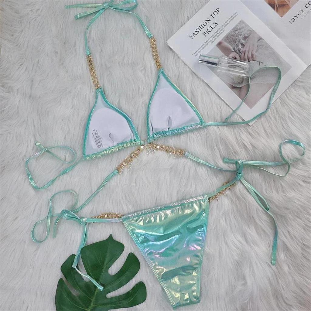 Diamond Rhinestones PU Faux Leather Bikini Female Swimsuit Women Swimwear Two-pieces Bikini Set Bather Bathing Suit Swim