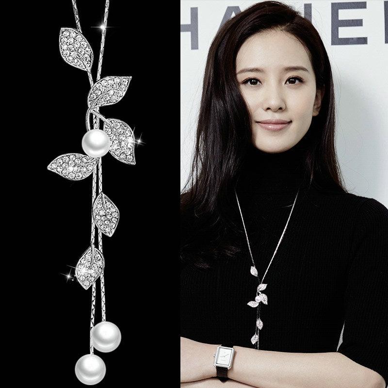 Korean Spring Pearl Leaf Tassel Necklace Pendant for Sweaters