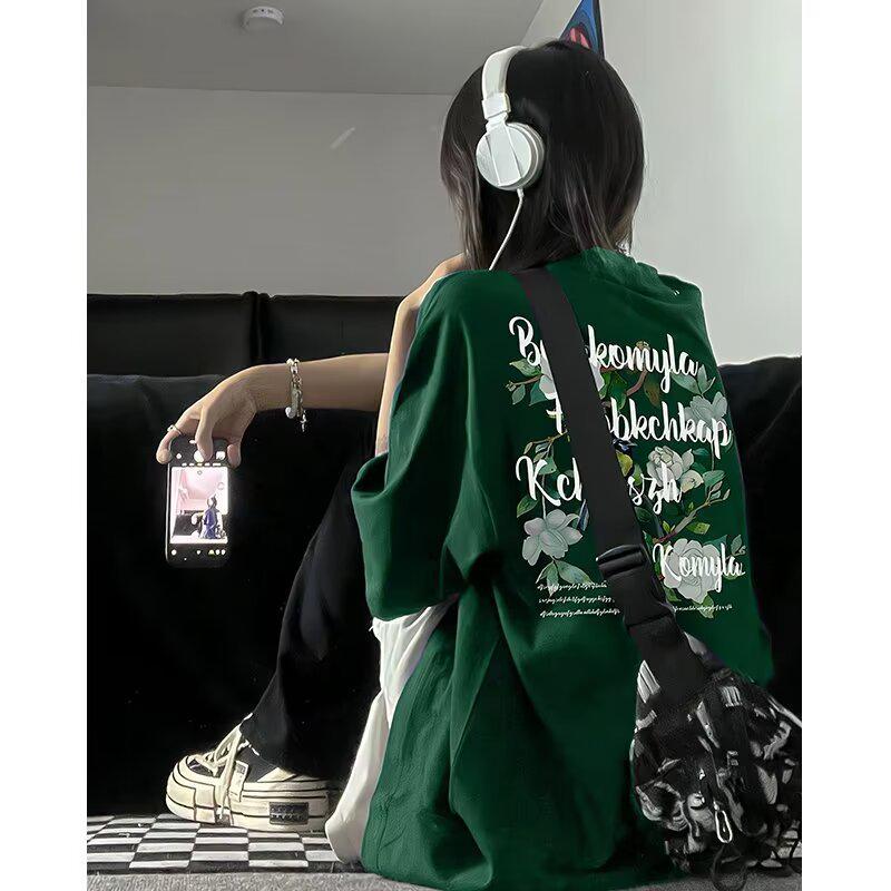 Harajuku Style Green Ink Print Loose Casual Short Sleeve T-shirt for Women