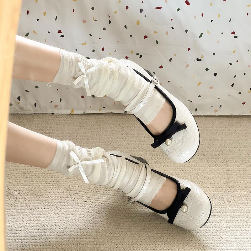 Fashion Spring New Coarse Heel Single Shoes Women Round Head Shallow Mouth Butterfly Knot Line with Anti-slip Wear-resistant High Heels