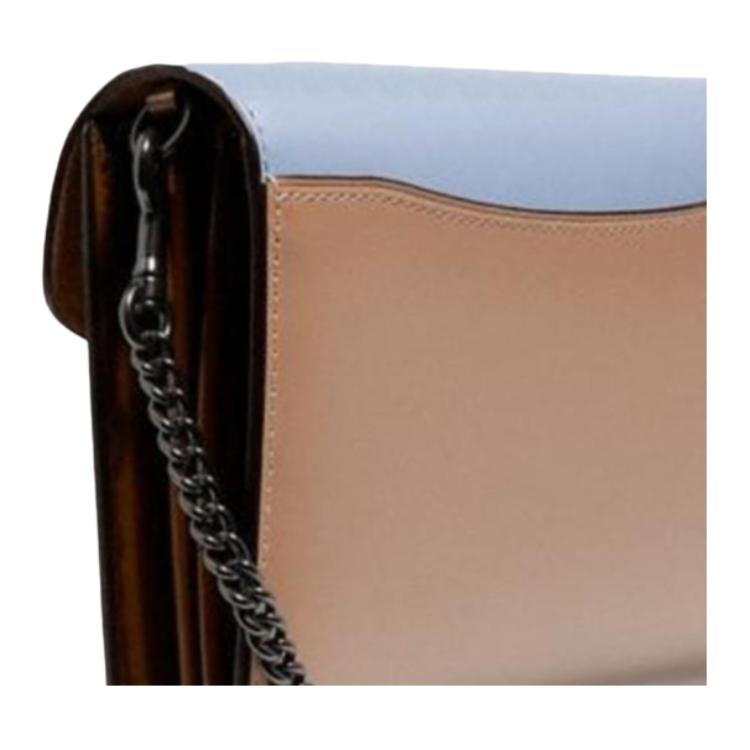 Coach Tan Signature Canvas & Light Blue Leather C Logo Chain Crossbody Bag with Gunmetal Hardware for Daily Use
