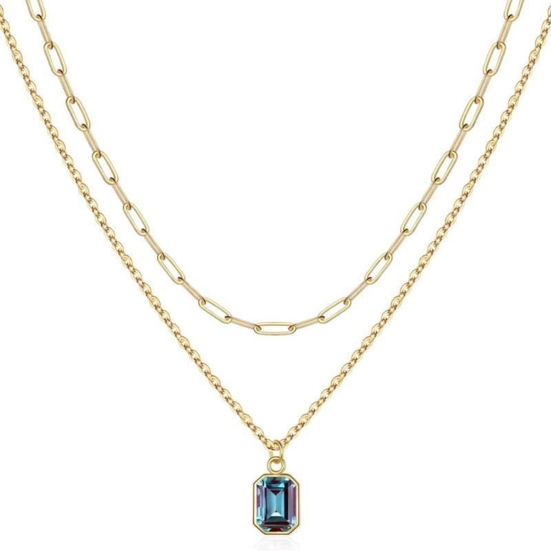 Elegant Double Layer Necklace Featuring December Birthstones And 18k Gold Plating Rectangular Design Neckchain For Women