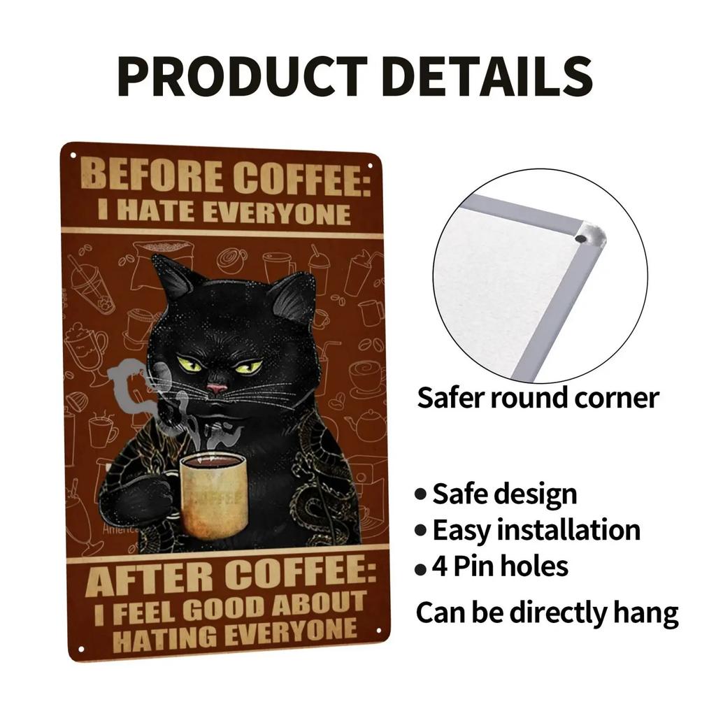 1pc Retro Cat Coffee Metal Sign Vintage A Coffee A Day Keeps The Grumpy Away for Home Coffee Shop Bar Wall Decor 8x12 Inch