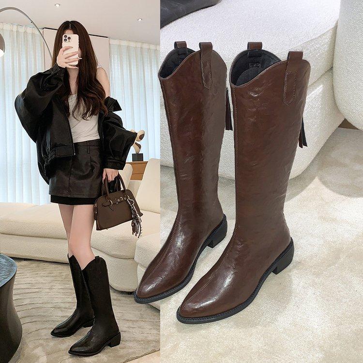 Pointed boots women's 2025 autumn new thick heel retro knight boots western thin boots autumn single boots women