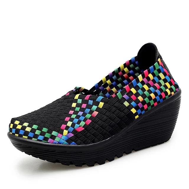 New Women's Plus Size 35-42 Women's Wedge Thick Soled Sports Shoes Fashionable Woven Hollow Women's Loafers Slip On Casual Shoes