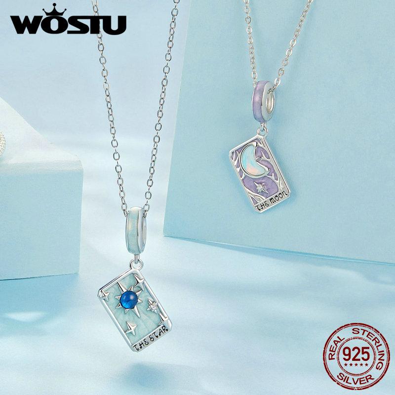WOSTU 925 Sterling Silver Sun Moon Star Tarot Cards Pendents Lovers Charm Fit Original DIY Bracelet Necklace Birthday Jewelry
