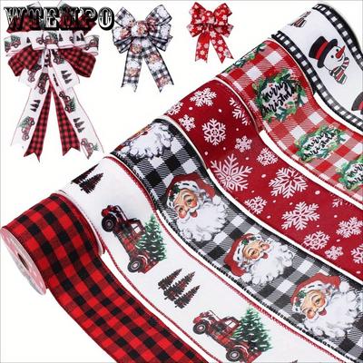 2 גלילי סרט חג המולד סרט חג המולד עם תיל כלול. סרט פלייד באפלו חג המולד של סנטה לעיטור זרים וקשתות, קישוט חג המולד, עבודות יד עשה זאת בעצמך