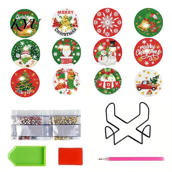 DIY Bohrer Kunsthandwerk für Erwachsene 12 Stück Weihnachten Falsche Diamantmalerei Untersetzer, Strassstein Untersetzer Set mit Halter, Schneemann Wichtel Weihnachtsmann Feiertag