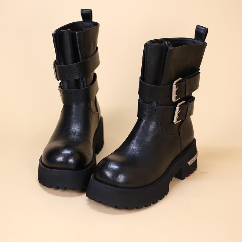 2025 Dámské podzimní/zimní boty Martin v britském stylu: Kotníkové boty na silné podrážce, s kulatou špičkou a zeštíhlující přezkou v pase