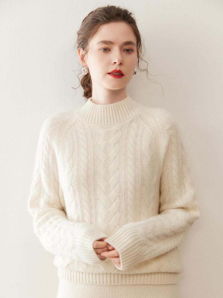 Women's Autumn Winter Cashmere Cable Knit Half Turtleneck Sweater - Solid Color, Slimming, Long Sleeve, Soft