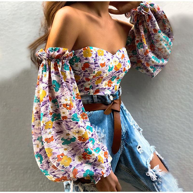 Sexy Ladies Off-shoulder Tube Top Print Chiffon Shirts Casual Spring Summer Lantern Sleeves Pullover Elegant Office Slim Blouses