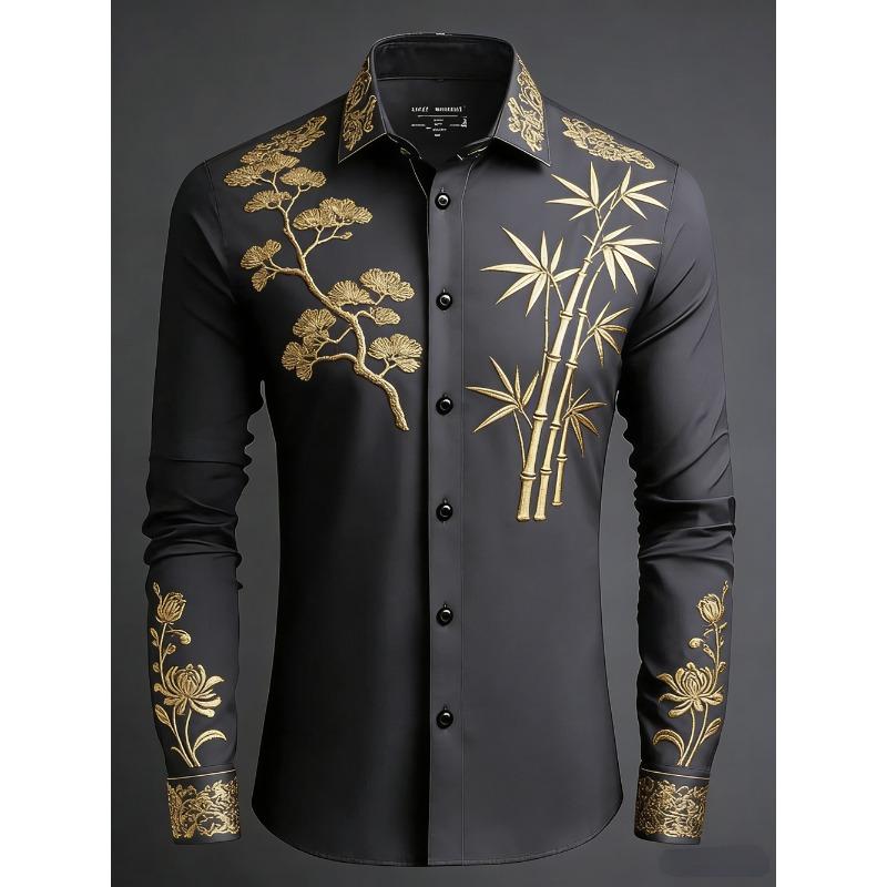 2026 Men's Light Luxury Retro Long Sleeve Shirt Gold 3D Printed Shirt Beach Vacation Outdoor Social Clothing Men