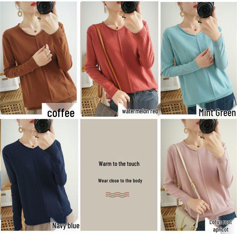 Baumwollpullover im koreanischen Stil mit gerolltem Saum und Rundhalsausschnitt für Damen, langärmlig und locker geschnitten