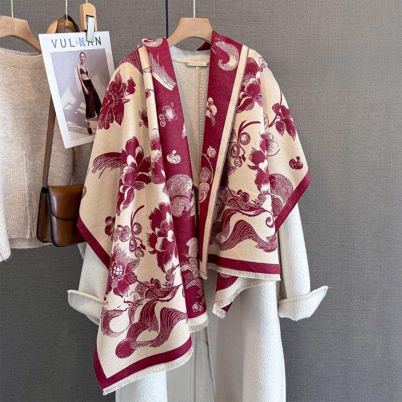 Autumn and winter new peony flower print scarf women's retro contrasting color imitation cashmere thickened warm fringed shawl