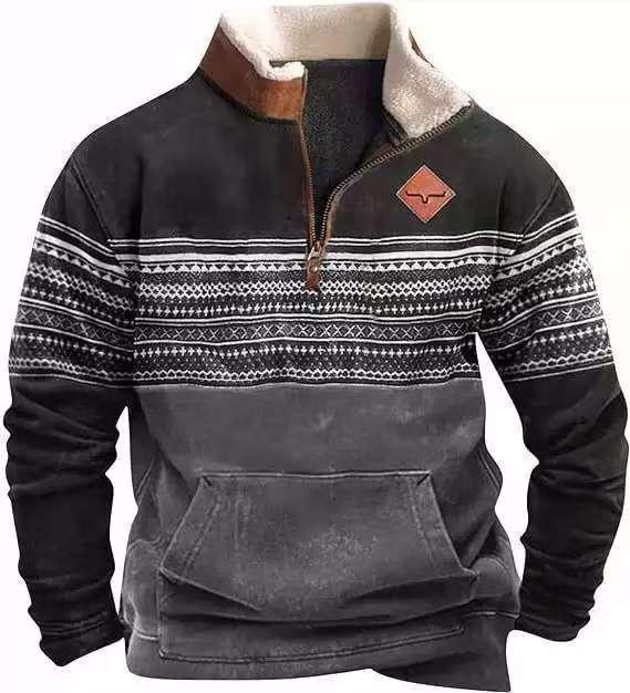 2025 Retro 3D Print Stand Collar Velvet Men's Hoodie for Autumn/Winter