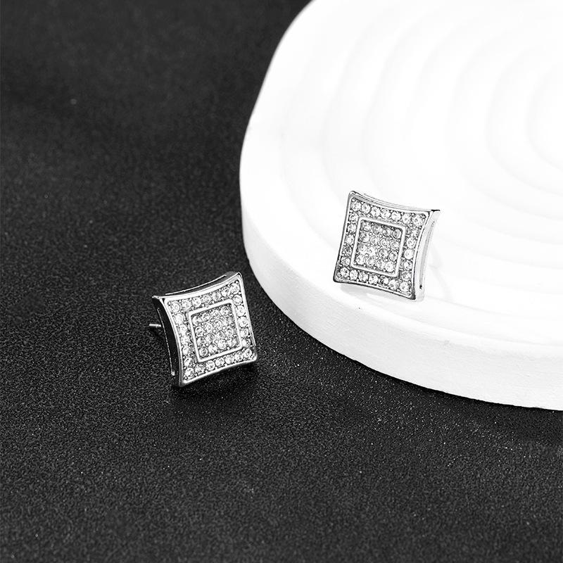 3D Geometric Diamond Stud Earrings for Men - European & American Style Jewelry