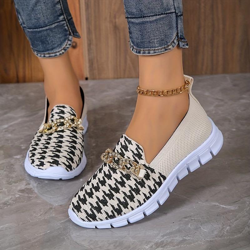 Women's Houndstooth Slip-On Sneakers - Casual Breathable Walking Shoes with Chain Decor