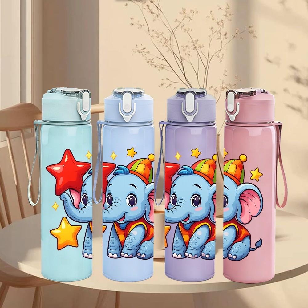 1PC Star Baby Elephant Pattern 750ml Color Plastic Sports Water Bottle Leakproof Flip Straw Lid Suitable for Sports Office Home Use