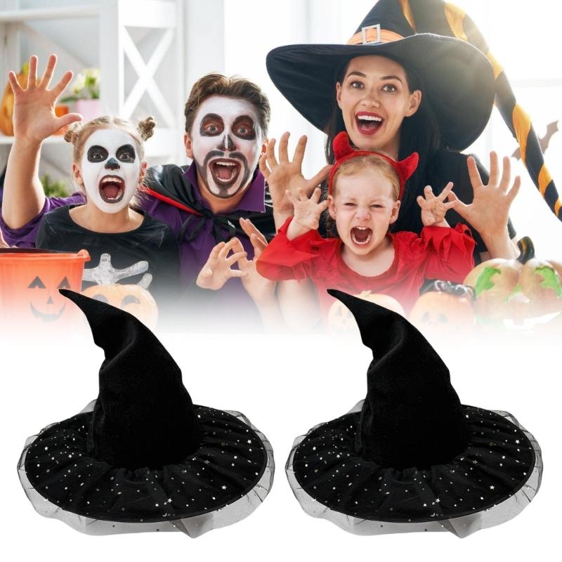 Black Velvets Witch Hat With Golden Star Elegant Curved Border Halloween Hat for Women Men Kids