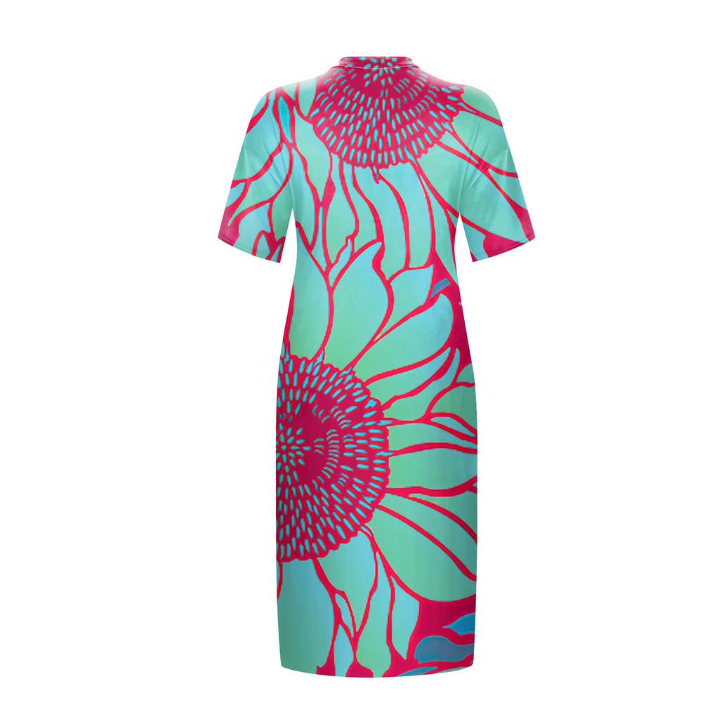 Women's Casual Large V-neck Short Sleeve Printed Pocket Loose Dress