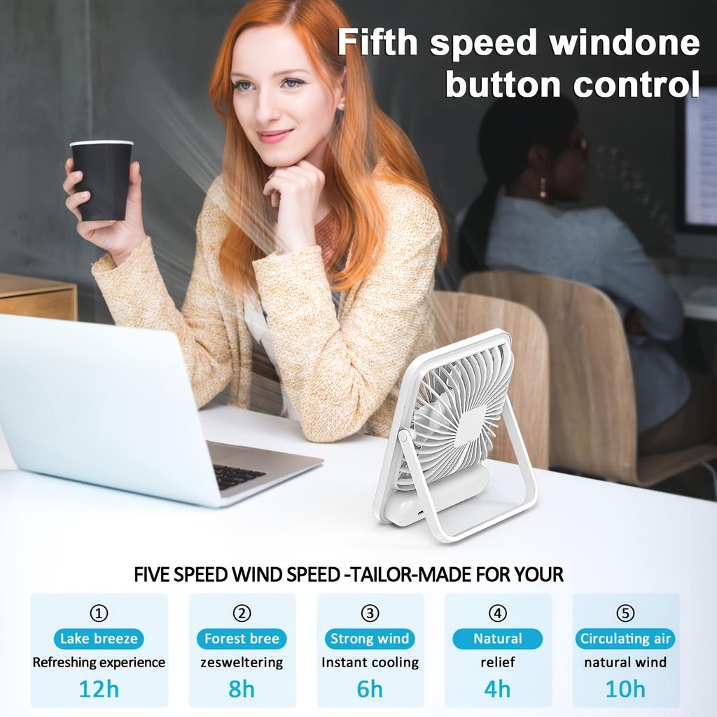 Ultra-quiet portable desk fan, 180 ° rotation, 5-speed adjustable wind, USB charging, power display - ideal for home, office, travel and outdoor use