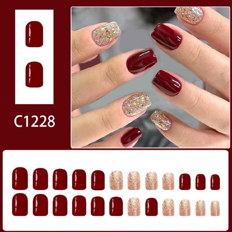 24pcs Glossy Red Glitters Press On Nail Short Square Styles Durability Fake Nail For Christmas And New Year Party