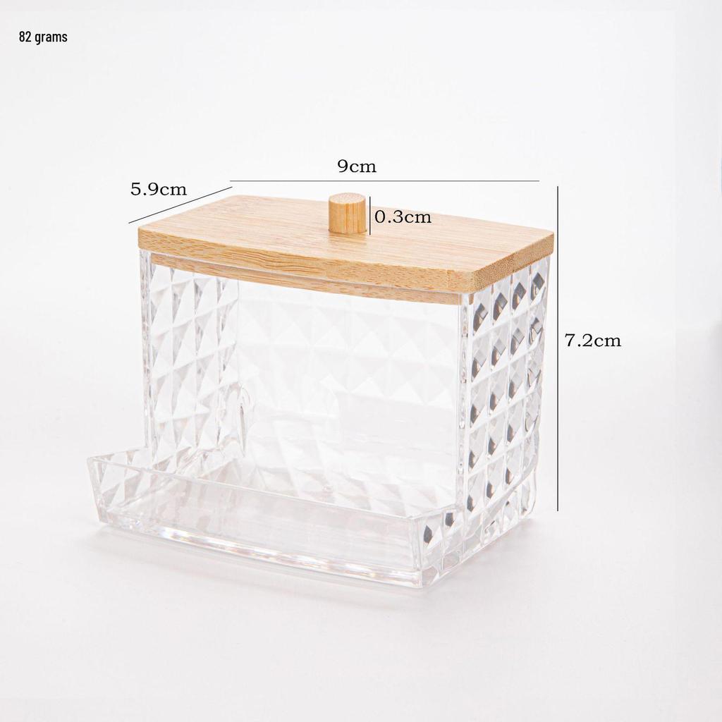 Suport transparent pentru bețișoare de bumbac cu model de diamant - capac din bambus, cutie rotundă portabilă pentru depozitarea cosmeticelor