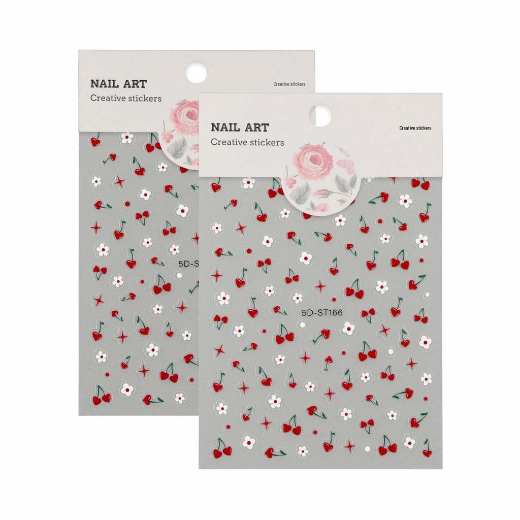 Cherry Heart 5D Embossed 3D Nail Stickers - Sweet & Lovely Xiaohongshu Influencer Design