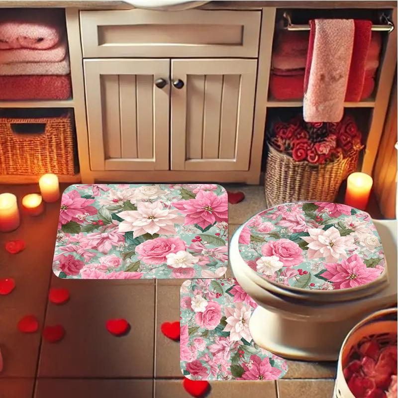 4-teiliges Duschvorhang-Set „Floral Romance Scene“ mit rutschfester Badematte, Toilettendeckelbezug, Kontur-Teppich & 12 Haken, Badezimmer-Dekoration