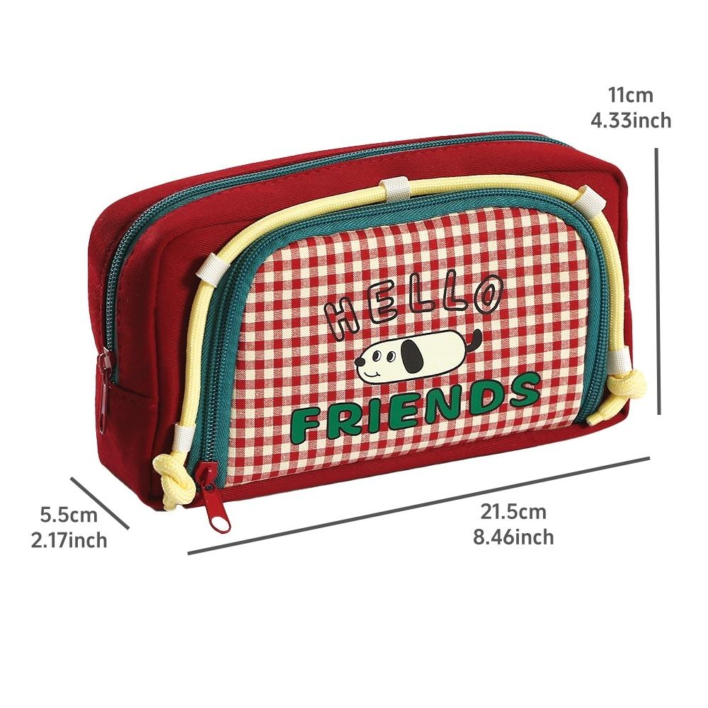 1pcs Lovely Dog Pencil Bag Pen Case, Cute Cartoon Retro Plaid Pattern Large Capacity Storage Pouch for Stationery Student