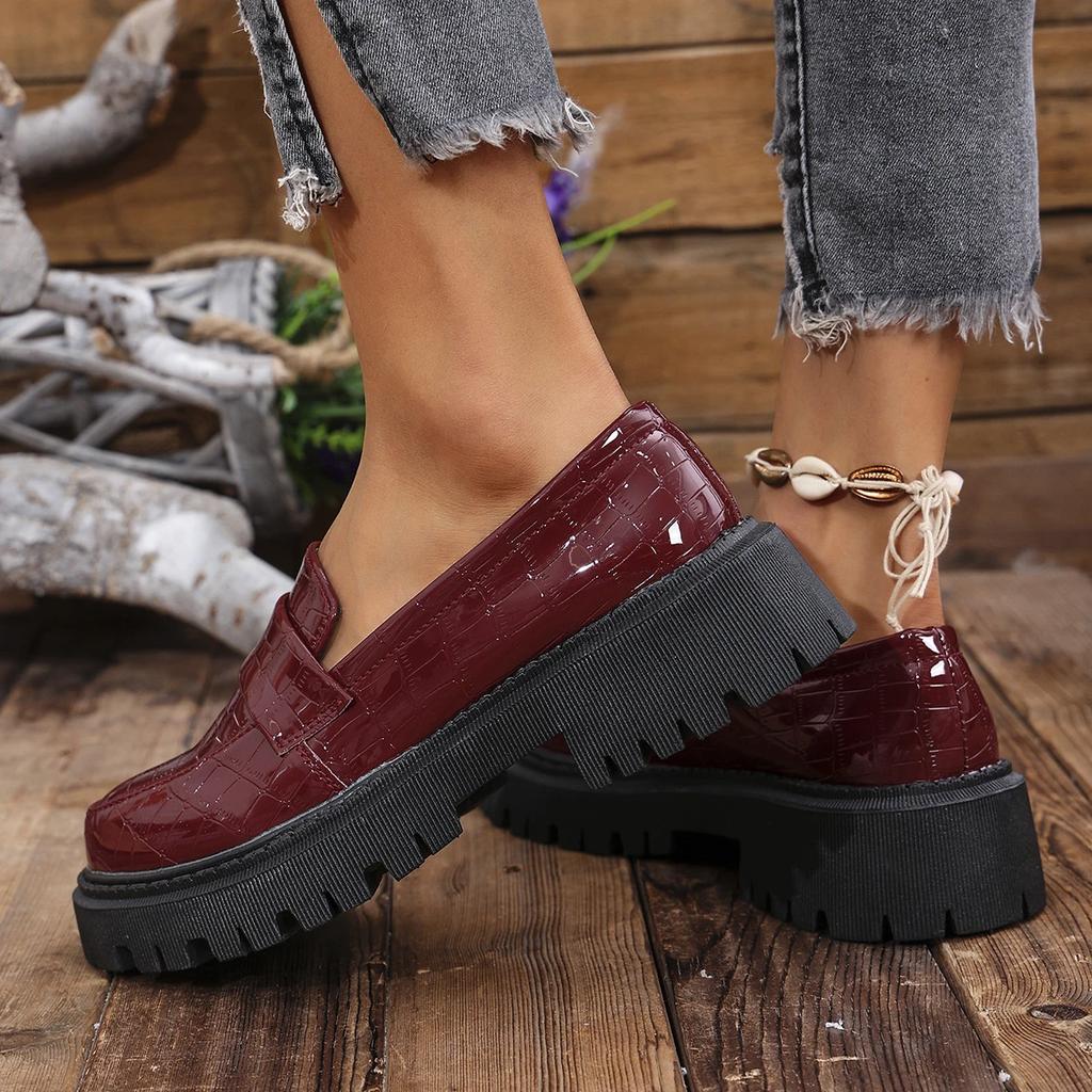 Fashion 2025 Spring Women's Chunky Platform Loafers Thick Sole Slip On Casual Shoes Woman Fashion Black Patent Leather Jk Uniform Shoes