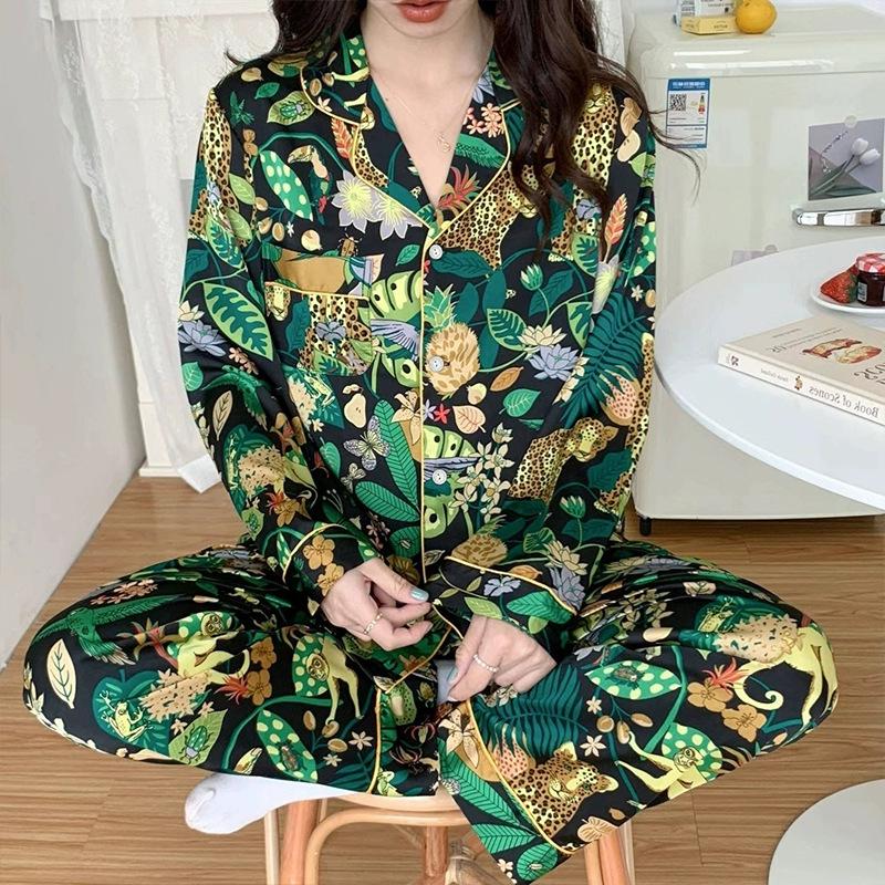 

Мультяшный принт животных Пижама с длинным рукавом Женский весенне-летний новый домашний кардиган Комплект брюк Можно носить 2XL