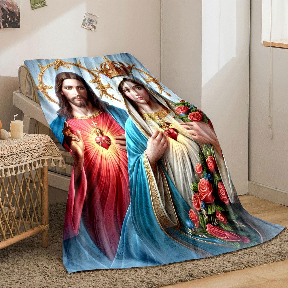 Sacred Heart Jesus Mary Blanket  Printed Blanket for Living Room Bed Couch Lunch Break Soft Cozy Blanket for Friend's Festival Gift