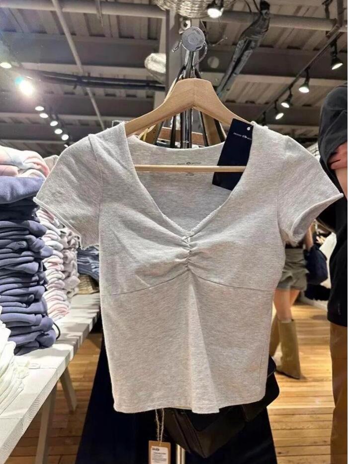 T-shirt à manches courtes plissé avec col en dentelle et nœud style BLACKPINK - Haut en coton ajusté pour femme