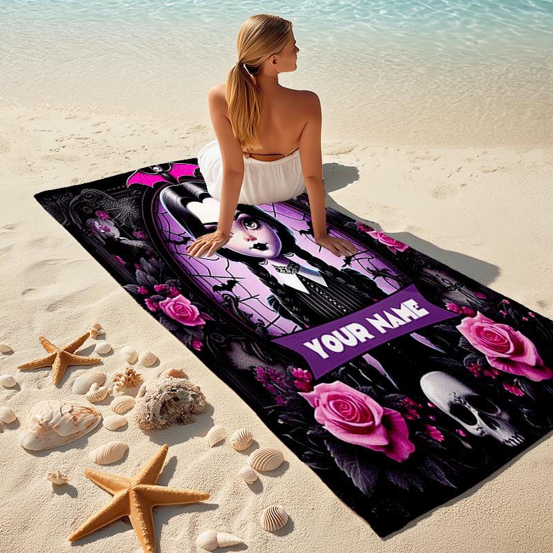 1PC Custom Name Gothic Halloween Portrait Beach Towel Highly Absorbent And Sand-Resistant Towel for Swimming, Pool, Yoga, And Travel Lightweight