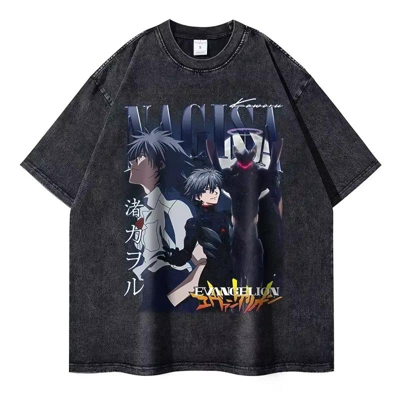 Summer Clothes EVA Anime Mens T Shirts Streetwear Brand Vintage Washed Women Short Sleeved Tee Casual Tops Hiphop