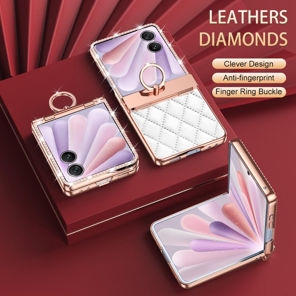 Luxury Fashion Diamonds Leather Plating Ring Holder Phone Case For Honor Magic V Flip 2 Hinge Full Protection V Flip2 Cover