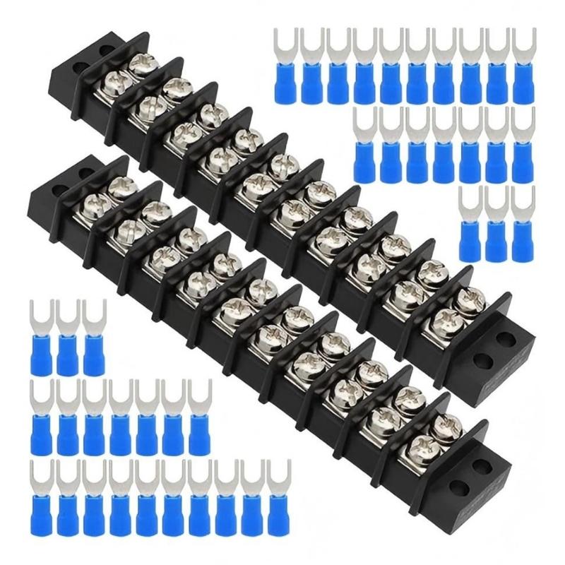 2Pieces Double Row Screw Terminal Block 20-30A  200v-450v with Insulated Forks Connectors For Electrical Projects