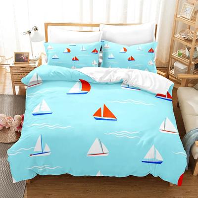 Cartoon Sailboat Bedding Set Nautical Duvet Cover King Size for Kids Boys Teens Blue Ocean Boat Theme Soft Polyester Quilt Cover