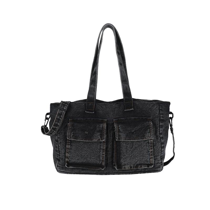 Denim Tote Bag for Women – Vintage Bag with Front Pockets & Adjustable Shoulder Strap – Perfect for Casual & Daily Use